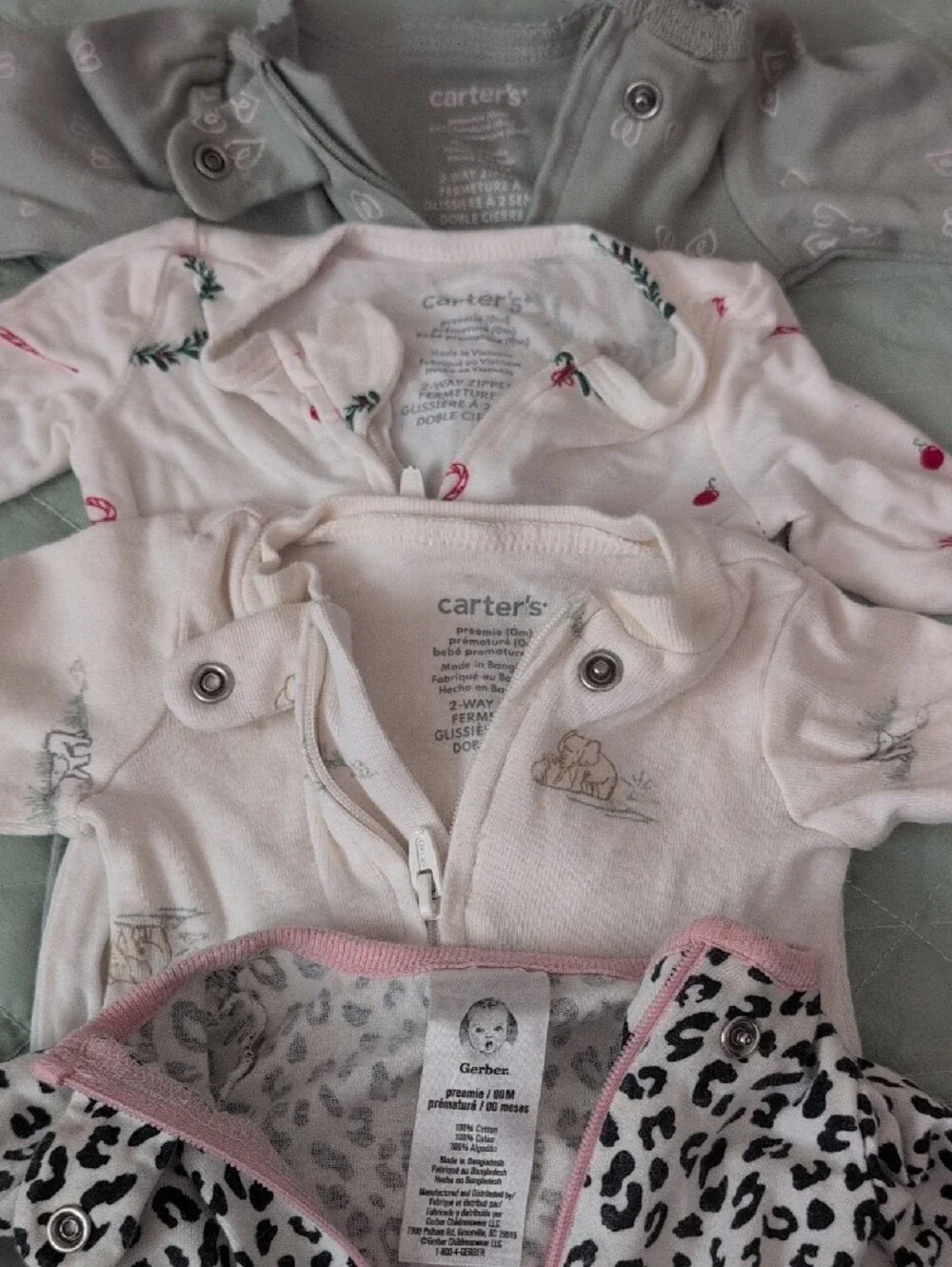 Lot Of 7 Preemie Baby Sleepers & Pants - Carter's, Gerber, & Honest.